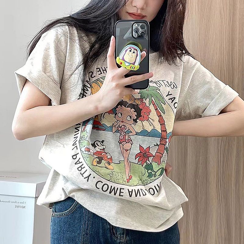 Áo thun BH cotton tay ngắn dáng rộng in hoạ tiết plus size thời trang mùa hè dành cho nữ