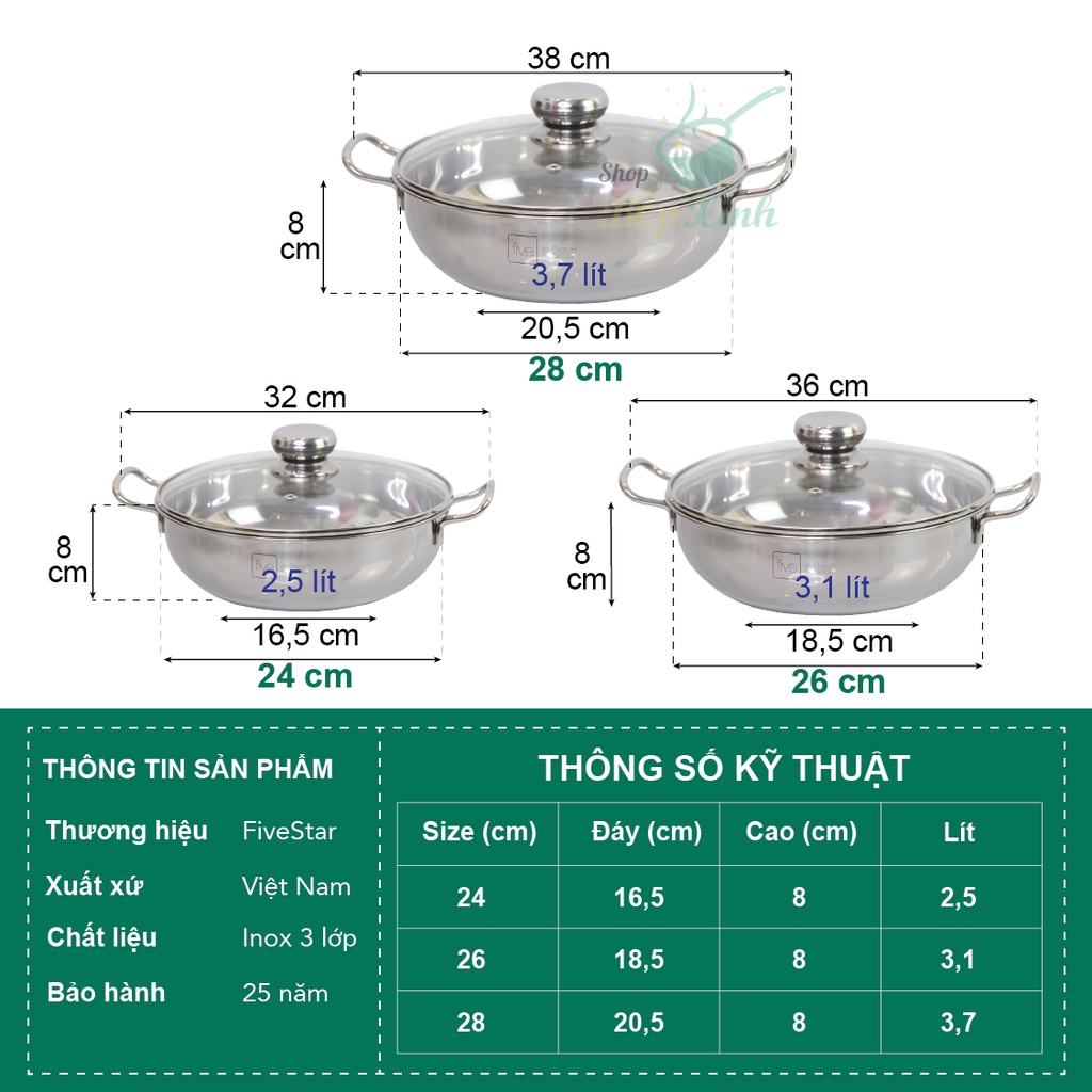 Ảnh Nồi lẩu um xào inox 430 bếp từ 3 đáy Fivestar nắp kính ( 24cm / 26cm / 28cm ) 3