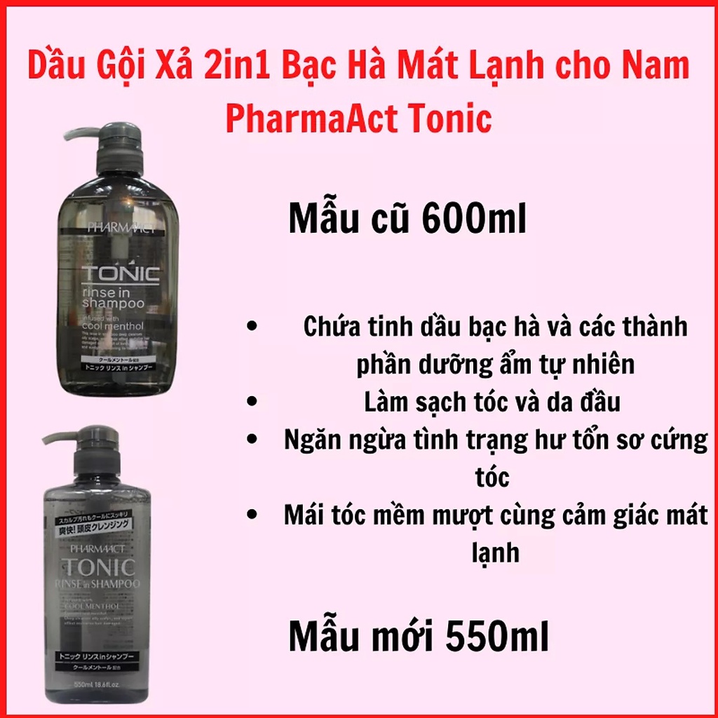 Ảnh Dầu Gội Xả Cho Nam Bạc Hà Mát Lạnh Pharmaact Tonic Rinse In Shampoo (550ml) 1