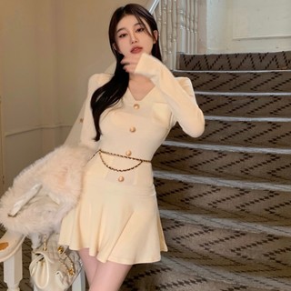 Đầm Dệt Kim Tay Dài Cổ Chữ v Thời Trang Thu Đông Dành Cho Nữ