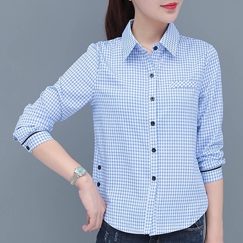 Thời Trang Dài Tay Kiểm Tra Áo Sơ Mi Nữ Cổ Điển Kẻ Sọc Áo Sơ Mi Đỏ Áo Sơ Mi Kẻ Sọc Đen