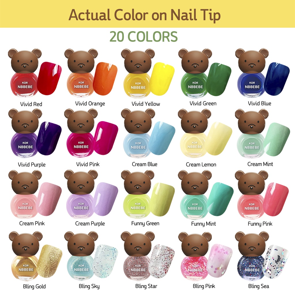 NBBEBE Water based Peel off Quick Dry Kids Nail Polish, Non-Toxic, 20 colors, Made in Korea, Age3+, 4g