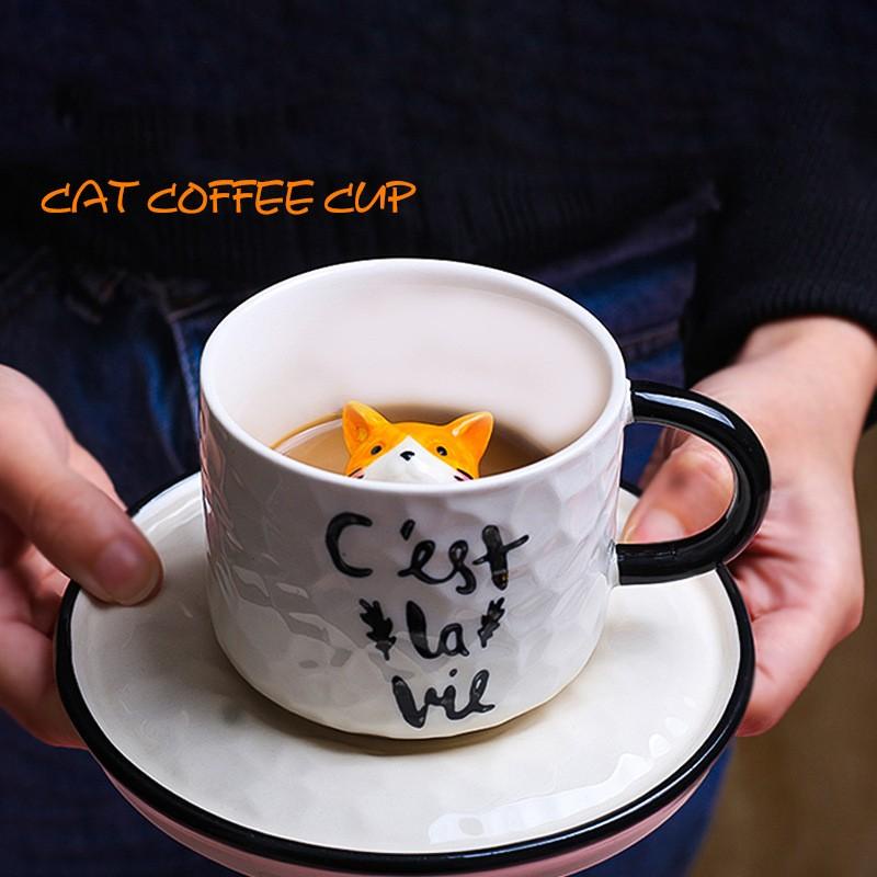 Cốc Sứ Có Mèo Nằm Trong Cốc Dễ Thương Kèm Đĩa Và Thìa – Ly Cafe Sáng Tạo Làm Quà Tặng Người Yêu Mèo