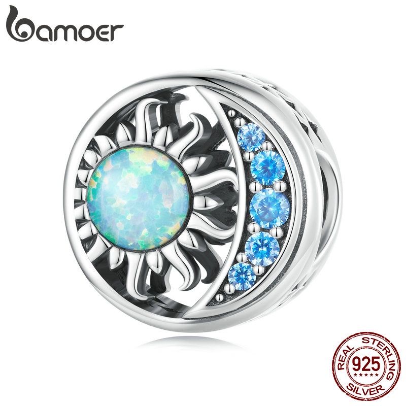 Mặt phụ kiện BAMOER bạc 925 hình mặt trời mặt trăng đính đá opal