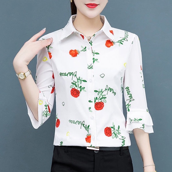 Áo Sơ Mi Chiffon Tay Lửng Họa Tiết Hoa Phong Cách Retro Cá Tính
