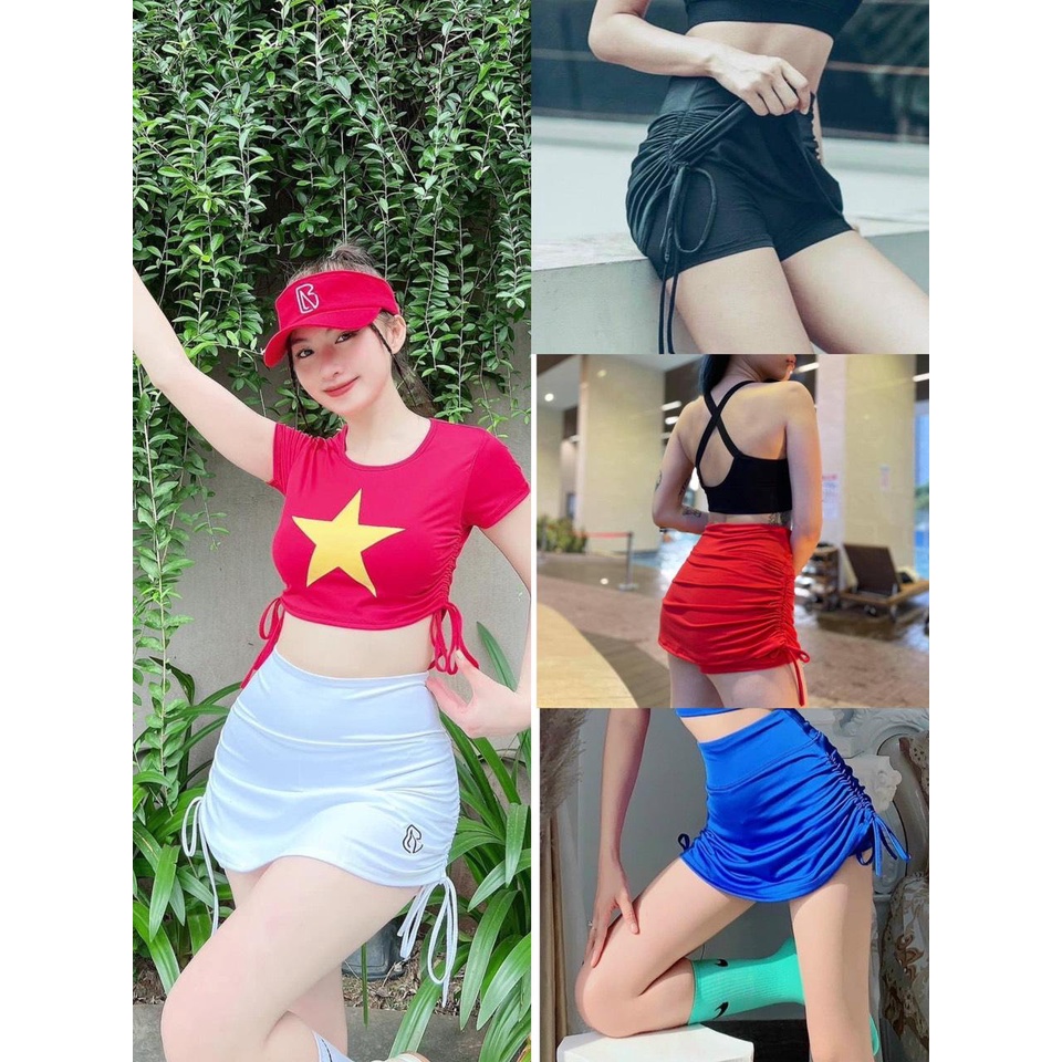 Quần váy thể thao rút dây 2 bên 2 lớp tập gym yoga nữ cap cao co giãn ôm dáng che khuyết điểm