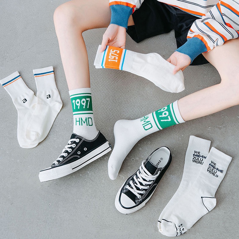 Tất trắng cổ cao nữ nam phong cách Hàn Quốc vớ thể thao basic năm sinh cá tính hot hit hàng xuất dư giá rẻ HANASO TD028