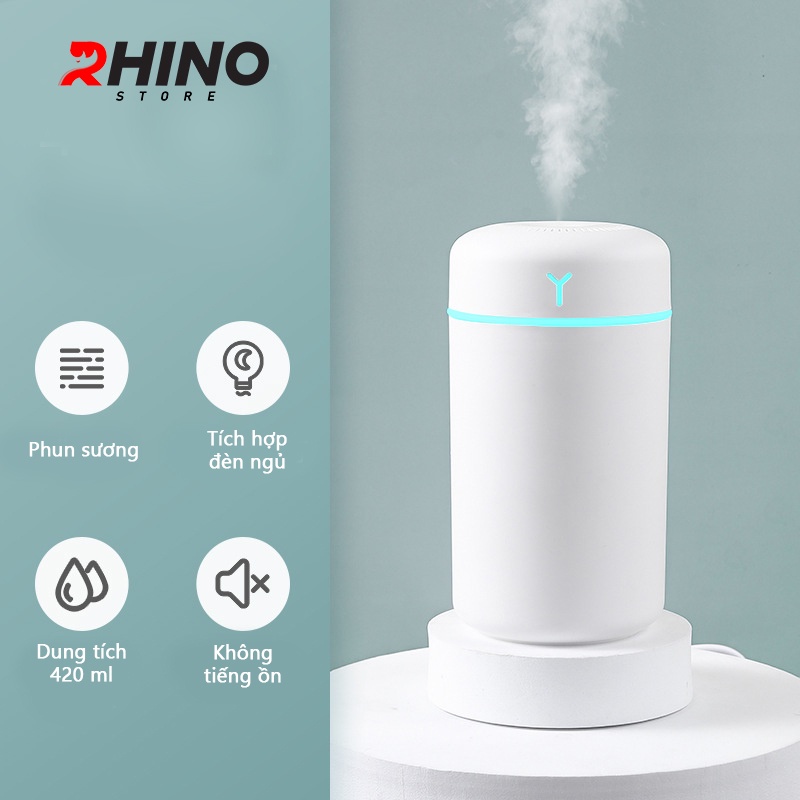 [Mã BMLT30 giảm đến 30K đơn 299K] Máy phun sương, xông tinh dầu Rhino HH901 nhỏ gọn dung tích 420ml, tích hợp đèn ngủ