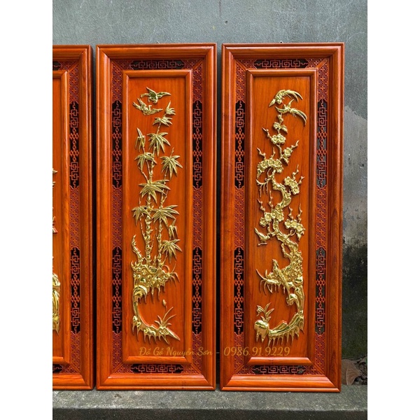 Bộ tranh tứ quý gỗ hương đỏ nam phi kích thước 37*107,dày 3cm hoàn thiện sơn pu dát vàng Đài Loan cao cấp
