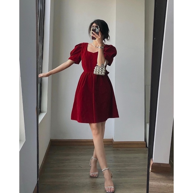 Váy nhung cổ vuông hở lưng nơ sau the.sweater weather TSW (ảnh thật)