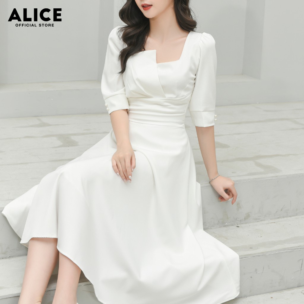 Váy Dự Tiệc Nữ Cổ Vuông ALICE Thiết Kế Dáng Dài Xòe Tay Lỡ Thắt Eo Cho Nữ Đi Chơi, Đi Dự Tiệc V677