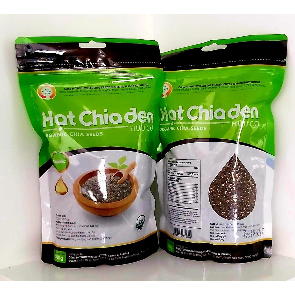 Hạt Chia Hữu Cơ Wellbeing / Bao bì xanh / Hạt Chia Hữu Cơ 100% chất lượng siêu sạch đen đẹp