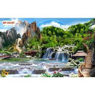 Tranh SƠN THUỶ 3d thác nước chảy rừng cây trong lành