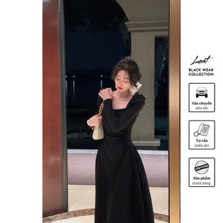 Váy đầm đen cổ vuông dài cao cấp thời trang nữ LUST chất liệu dày dặn thiết kế đẹp - M20
