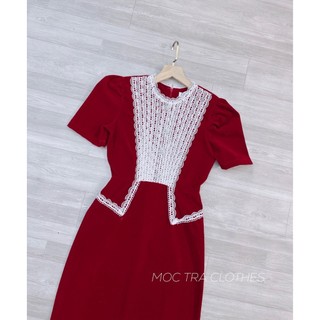 Đầm nhung nữ Quảng Châu thiết kế màu đỏ phối ren đính đá sang trọng trẻ trung, Váy dự tiệc nữ sang trọng rẻ đẹp
