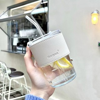 Cốc Thủy Tinh GORGOUS Có Nắp , Cốc Kèm Ống Hút Và Bao Da Đi Kèm - LY UỐNG NƯỚC 450ml Có 2 Màu - COC5