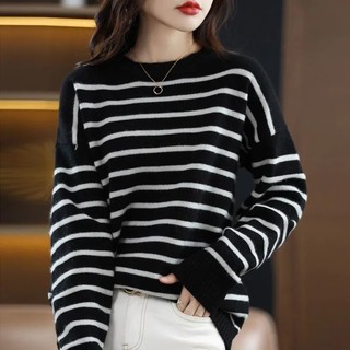 Mùa Thu Đông 2022 Cổ Tròn Sọc Áo Len Nữ Rời Ngoài Mặc Phong Cách Lười Dệt Kim Ngang Sọc Nữ Top Thời Trang Tất Cả @ -