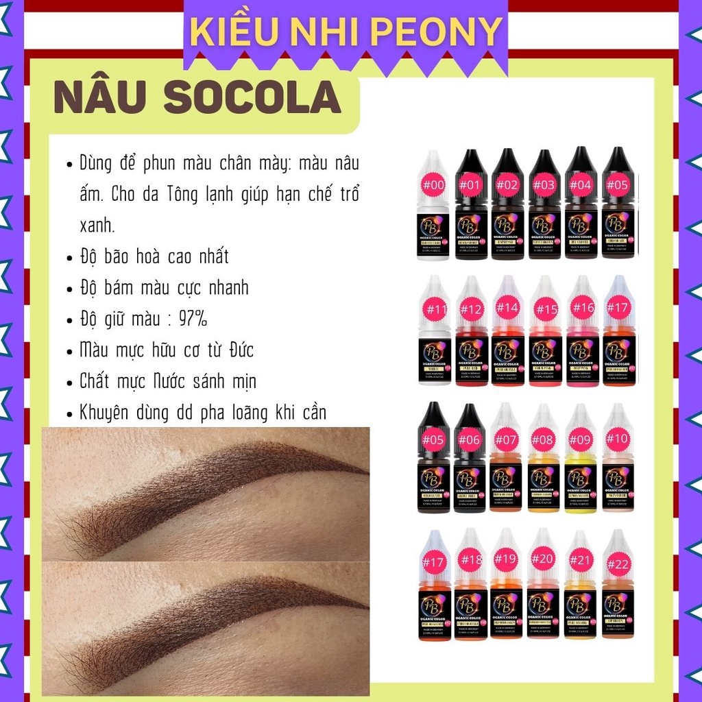 Mực phun xăm Hữu Cơ, NÂU SOCOLA và 20 màu Mực Nước phun xăm Thẩm Mỹ