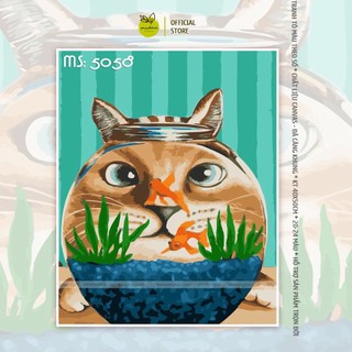 Tranh tô màu theo số 40x50cm có khung chú mèo nâu trong bể cá T5058