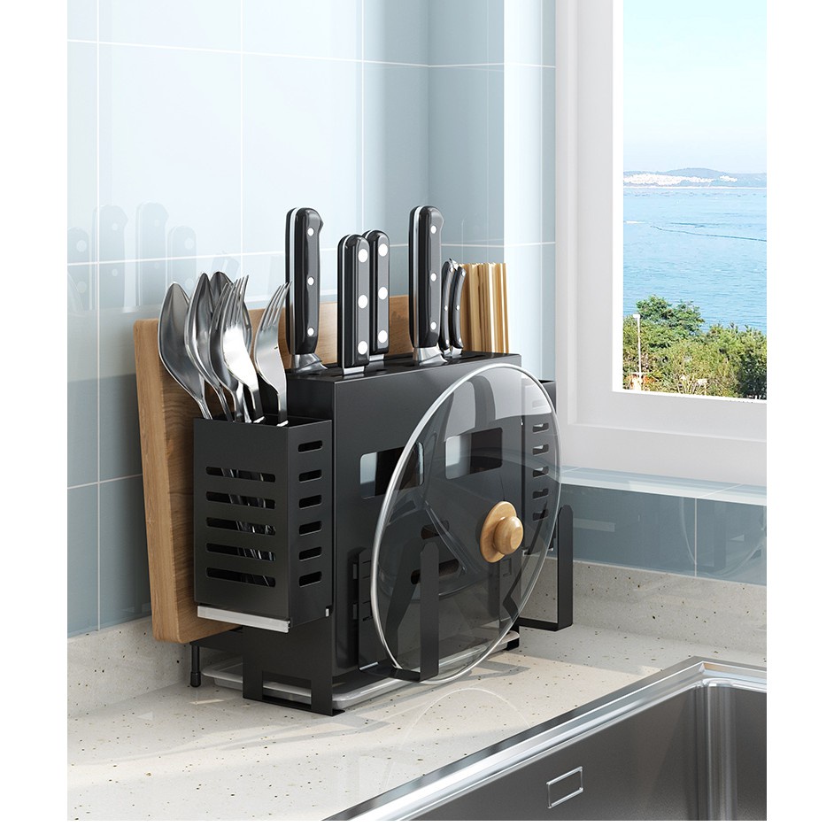 Bộ sản phẩm Giá Kệ để dao thớt gồm 2 ống đũa và khay hứng nước-Thép chống gỉ sơn 5 lớp