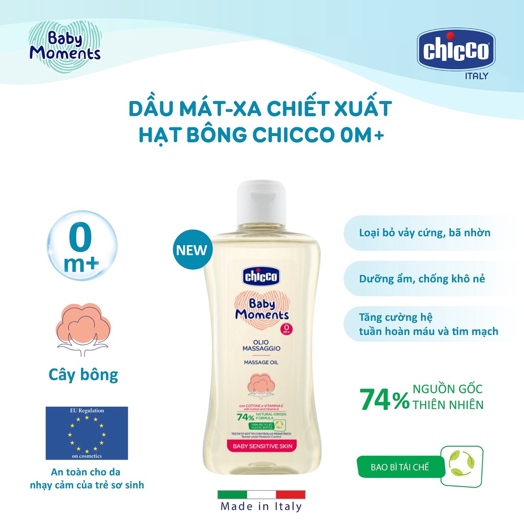 (Tặng túi đựng) Combo Chicco mềm mịn 5 (Sữa tắm gội Yến mạch 200ml & Dầu mát-xa Hạt Bông)