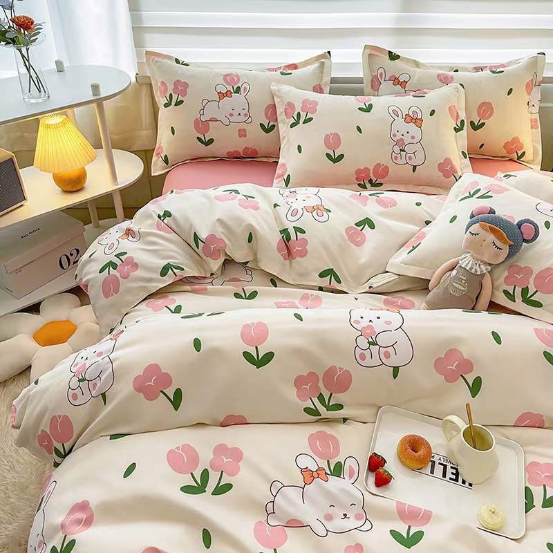 Bộ chăn ga gối cotton poly ETAMI thỏ ôm hoa hồng miễn phí bo chun ga trải giường (chưa kèm ruột)