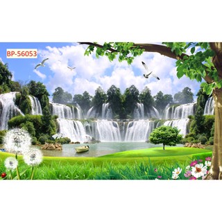 Tranh dán tường 3D cảnh thác nước, rừng cây SƠN THUỶ hùng vỹ