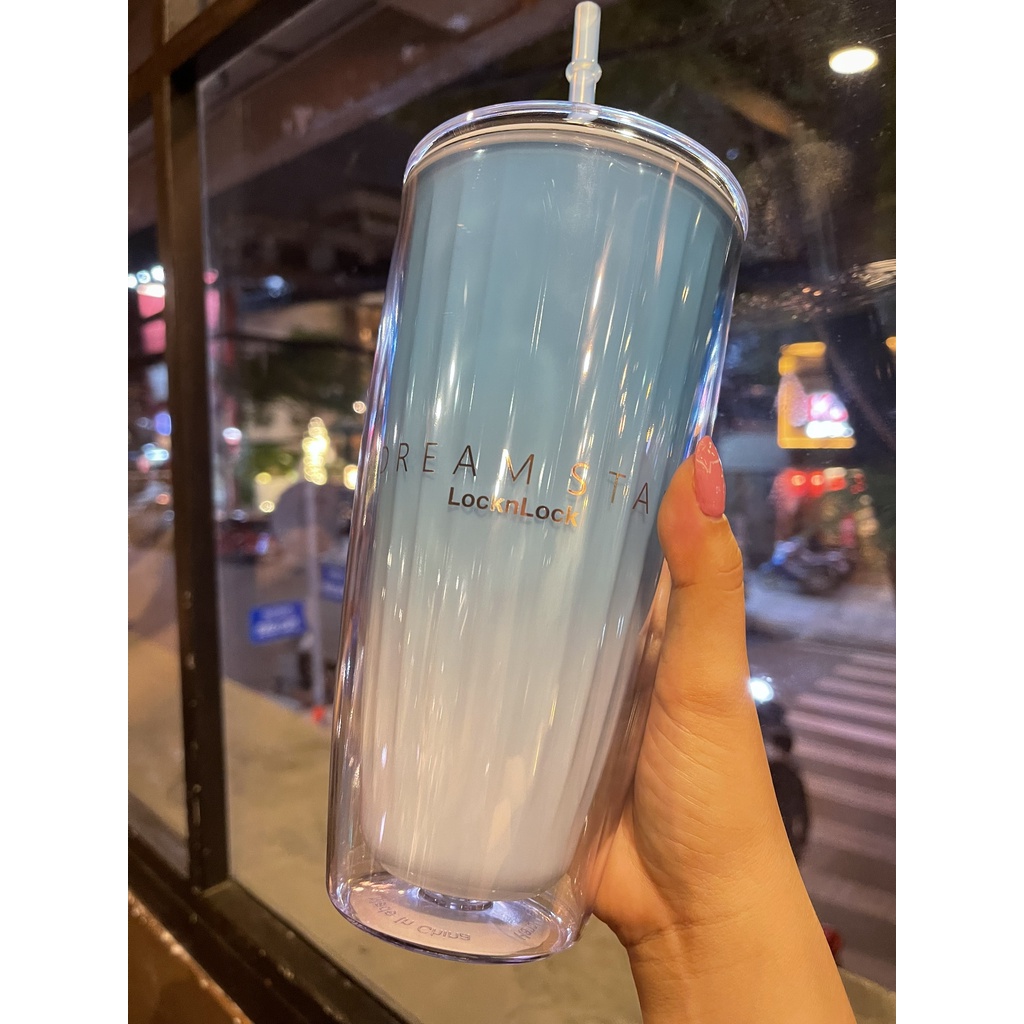Ly nhựa 2 lớp LocknLock Double Wall Cold Cup 750ml HAP522BLU Màu Xanh Kèm ống hút và cọ rửa - K-MALL