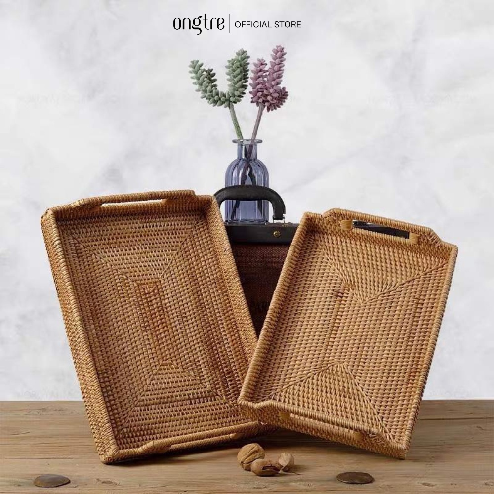 Khay Mây Chữ Nhật Có Tay Cầm ONGTRE, Khay Trà, Đựng Hoa Quả, Bánh Kẹo, Khay Phục Vụ Decor, Nhà Hàng, Khách Sạn, Resort