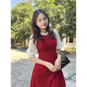 V01.đầm nhung thiết kế phối vải tơ ánh nhũ trắng loại 1 (hàng có sẵn-kèm video thật)