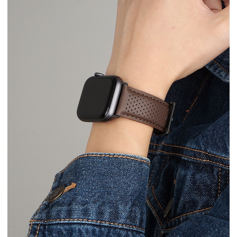 Nam Nữ Lỗ Thông Gió Da Thật Dây Đeo Thông Thường Thích Hợp Cho Apple Watch S11 SE3 Ultra3 S10 S9 S8 SE S7 S6 Ultra 49mm 46mm 40mm 44mm 41mm 45mm Dây Đeo Tay