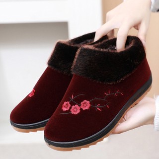 Giày Vải Cotton Lót Lông Cừu Đế Mềm Chống Trượt Giữ Ấm Cho Phụ Nữ Trung Niên