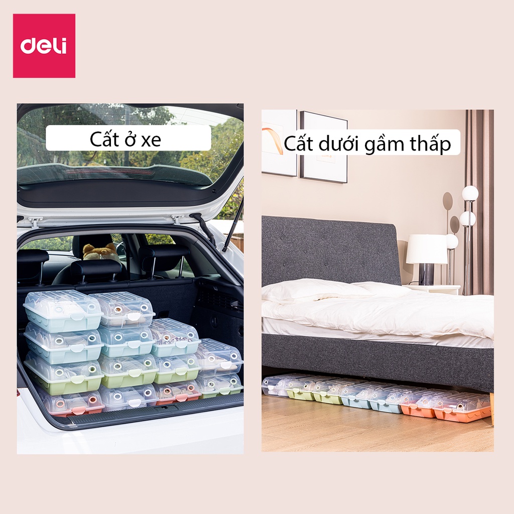 Hộp Đựng Giày Dép Nhựa Cứng Có Thể Xếp Chồng Có Nắp Đậy Nhiều Size Kệ Giày, Hộp giày Thông Minh Tiện Lợi Deli