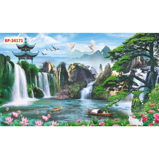 Tranh SƠN THUỶ 3d thác nước chảy rừng cây trong lành