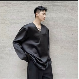 Áo Sơ mi Satin tay dài Cổ V CVC - Giá sỉ Unisex