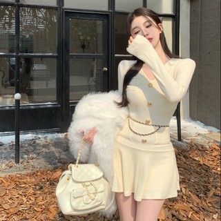 Đầm Dệt Kim Tay Dài Cổ Chữ v Thời Trang Thu Đông Dành Cho Nữ