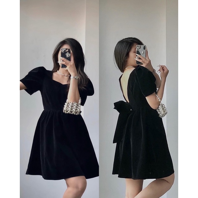 Váy nhung cổ vuông hở lưng nơ sau the.sweater weather TSW (ảnh thật)