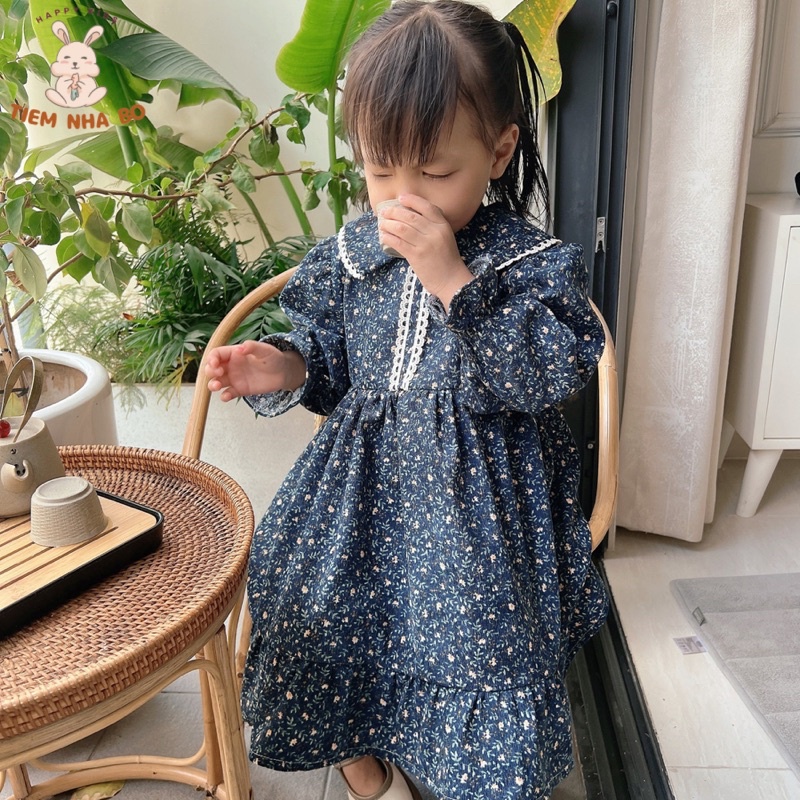 Váy nhung tăm cổ phối ren họa tiết hoa nhí dành cho bé gái từ 2-6 tuổi Tiệm Nhà Bơ