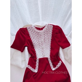 Đầm nhung nữ Quảng Châu thiết kế màu đỏ phối ren đính đá sang trọng trẻ trung, Váy dự tiệc nữ sang trọng rẻ đẹp