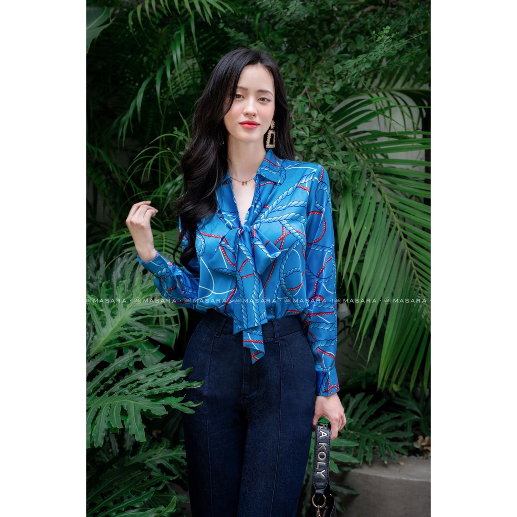 Áo sơ mi móc xích xanh dương cột nơ dài MASARA