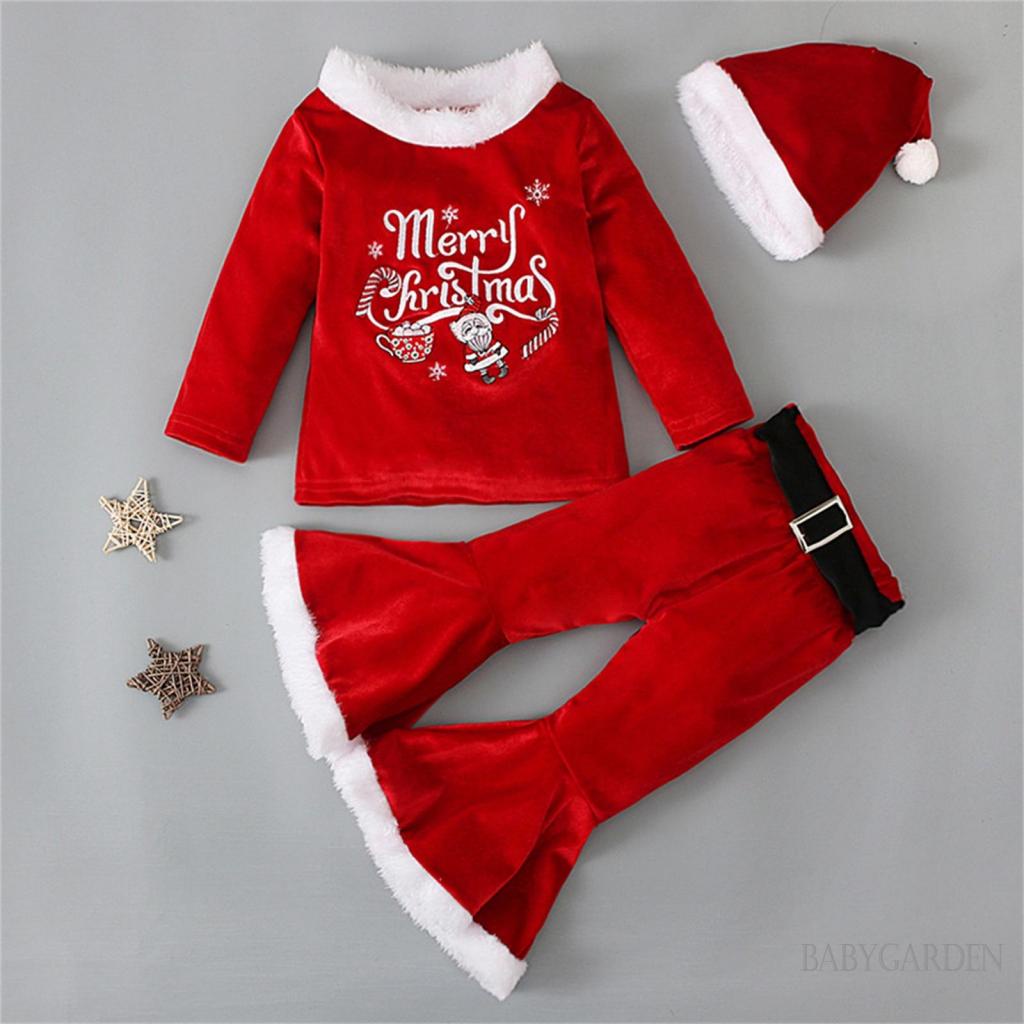 Bộ Áo Thun Tay Dài In Chữ + Quần Dài Ống Loe Họa Tiết Giáng Sinh / Ông Già Noel Thời Trang Cho Bé Gái 1-7 Tuổi