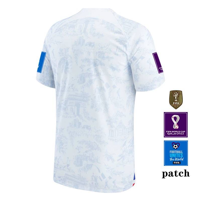 Áo bóng đá ĐT Pháp sân khách World Cup 22-23, thể thao Tee với hình ảnh các cầu thủ như Mbappe và Griezmann