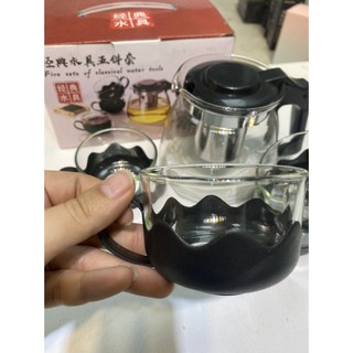 Bộ ấm trà 4 cốc thuỷ tinh, lọc trà thuỷ tinh có lưới lọc inox kèm 4 cốc