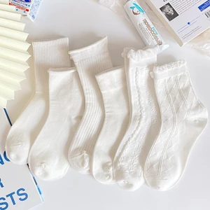 Tất bèo nhún cổ cao nữ phong cách Vintage Hàn Quốc vớ trắng ren vân đẹp họa tiết dễ thương chất cotton mềm ABICA T101