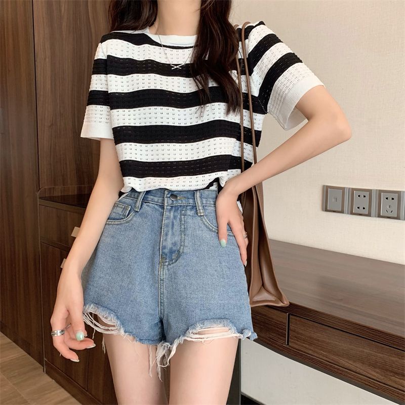 Giảm giá lớn - Áo len ngắn tay mẫu rộng sọc rỗng chất lượng cao thời trang cho phụ nữ