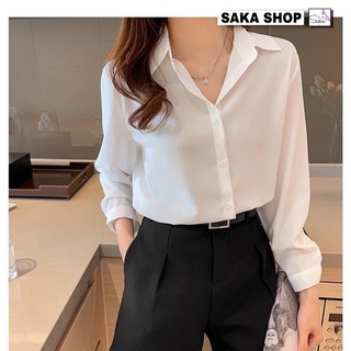 Áo sơ mi trắng nữ tay dài from rộng vải cotton lạnh Hàn công sở đi học đi làm không nhăn mát mịn