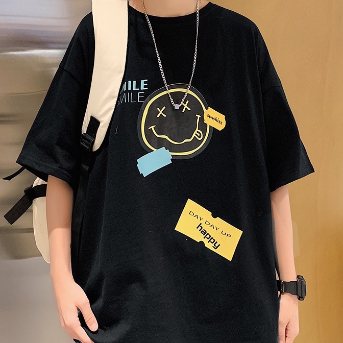 Áo thun nam tay lỡ HappyFamily tay ngắn Họa Tiết Mặt Cười Smile Smile Chất vải cotton 100 cao cấp