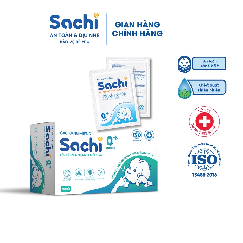 Gạc rơ lưỡi Sachi dịch chiết lá hẹ - Vệ sinh răng miệng cho bé - Hộp 30 gói