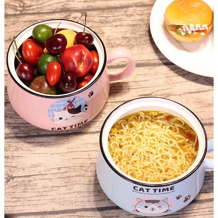 Tô Sứ Ăn Mì Hình Mèo Cute 1020ml Có Nắp Và Tay Cầm - Bát Mèo Cat Time Dễ Thương Phong Cách Nhật Decor Bếp Quà Tặng