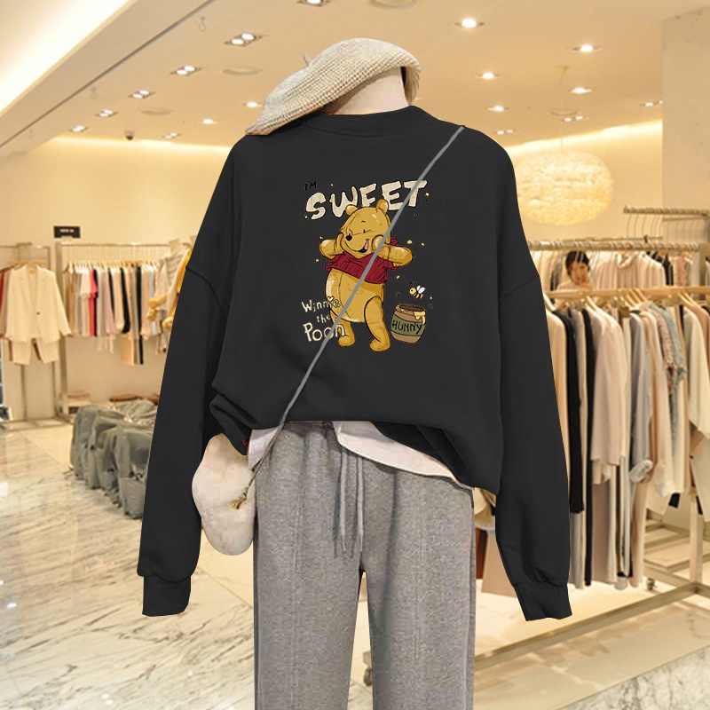 Áo Sweater Nữ HappyFamily Màu Xanh Rêu Hot Trend Hình Gấu Pooh Sweet Xinh Xắn Chất Nỉ Da Cá 100 Cao Cấp